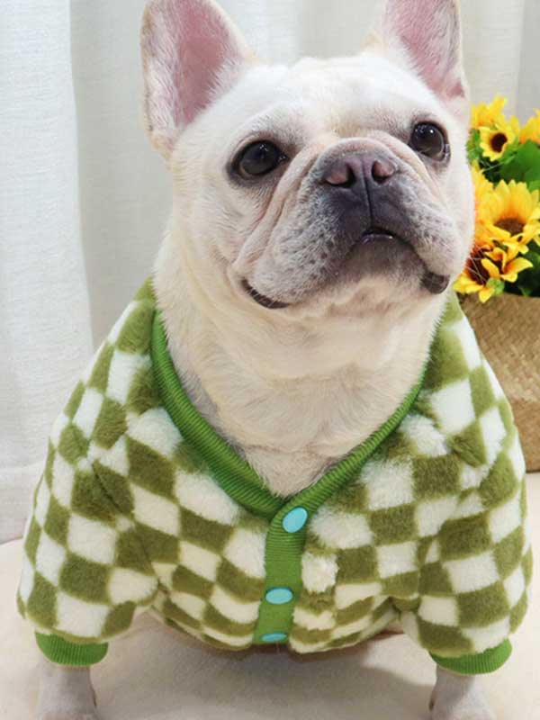 GMTPET Green and white checkerboard fat dog bulldog pug dog French fighting winter clothes plus velvet thick cardigan plush sweater 107-222039 gmtshop.com