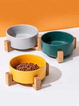 Factory Wholesale Ceramic Pet Cat bowl Bamboo Stand Food Bowls