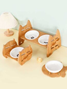 Factory Wholesale bamboo cat bowl holder ceramic double bowls